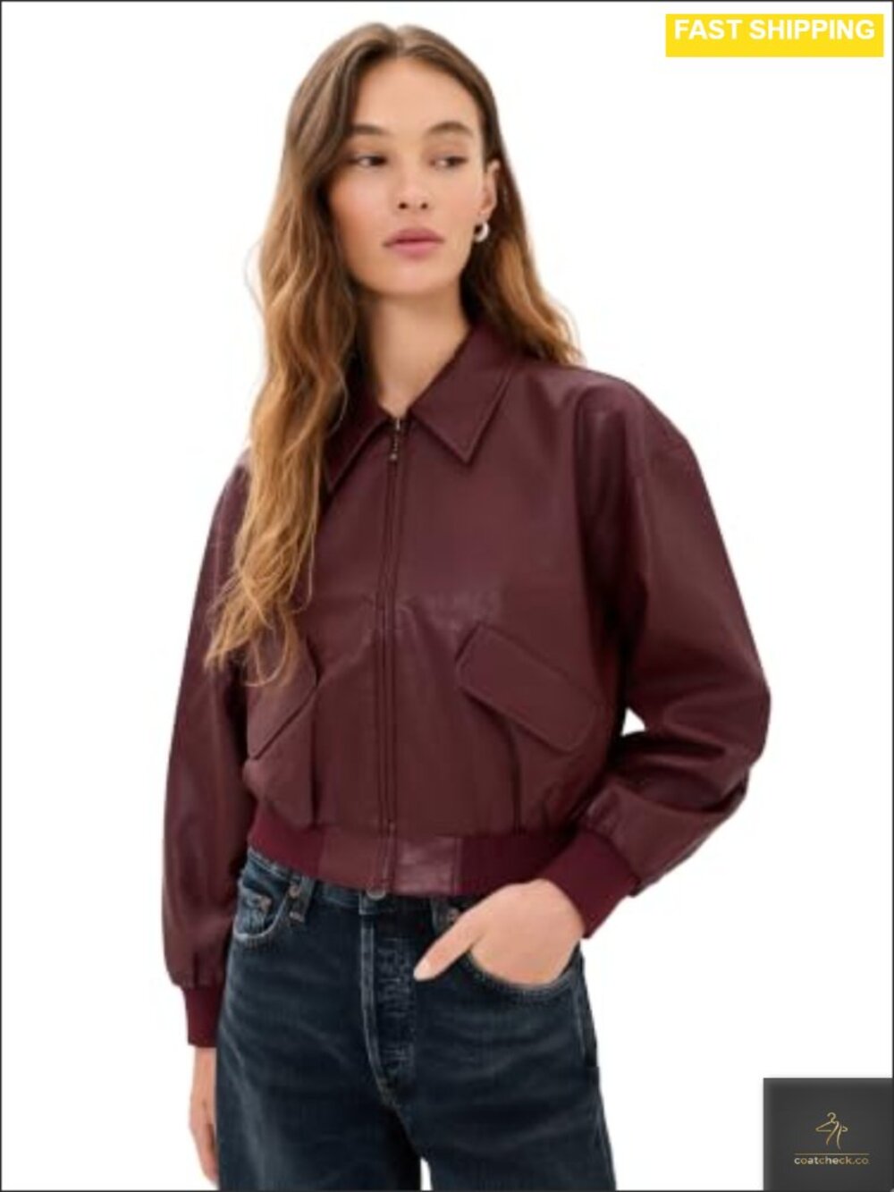 Faux Leather Cropped Bomber Jacket Lightweight Zip Front Collared